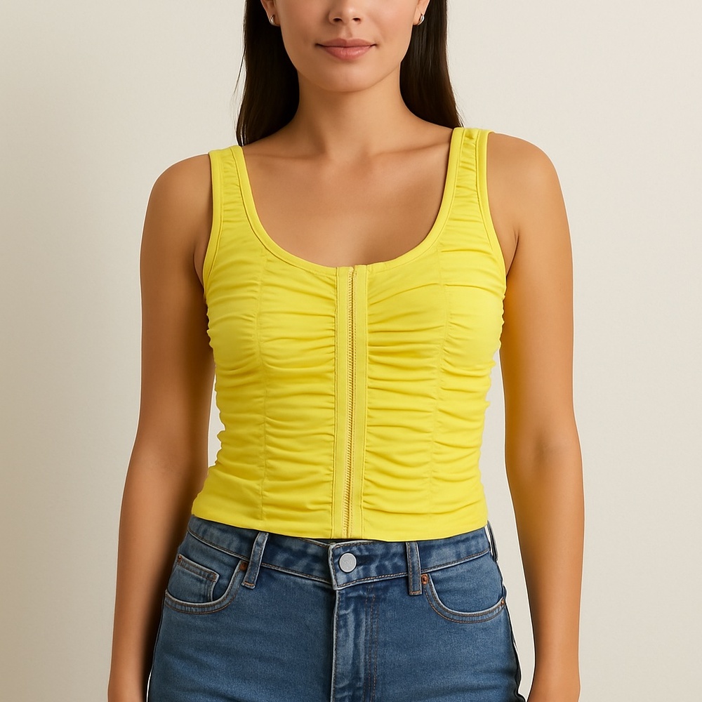 Shinestar Yellow Ruched Corset-Style Crop Top – Size S